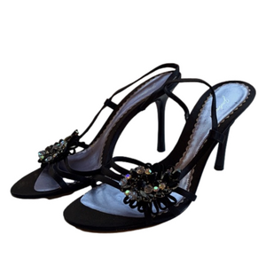 Garolini Black Bejeweled Singback Open Toe Sandal 3" High Heels Women 8.5M GUC